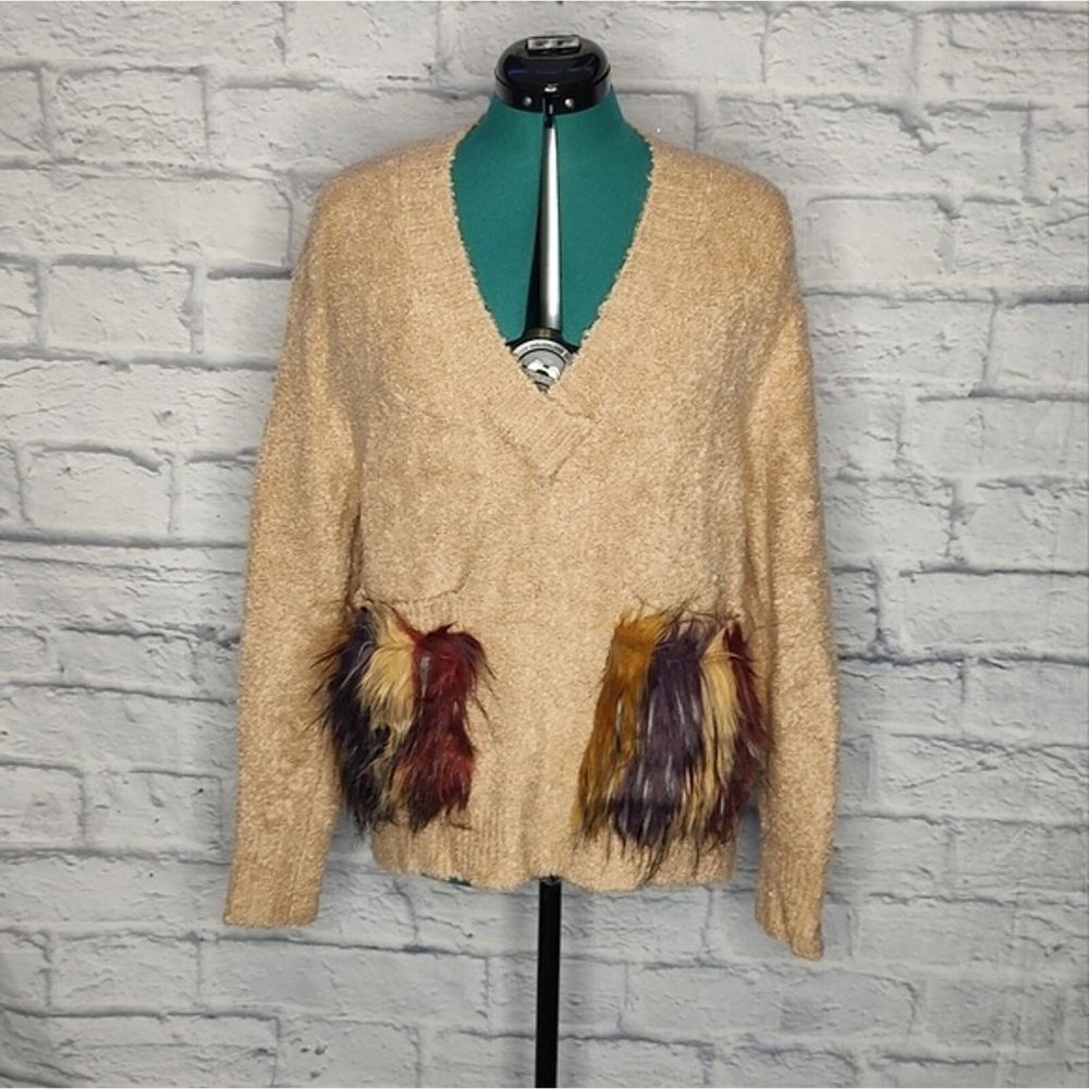 ZARA women's tan wool mohair knit faux fur pockets pullover sweater M